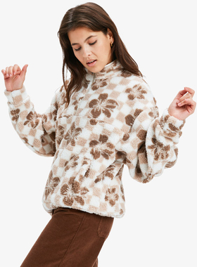 外贸原单Rox*y棕花棋盘格半拉链宽松套头衫羊羔绒抓绒卫衣 A 2866