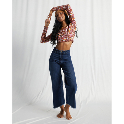 弹力毛边高腰裤牛仔深蓝两种