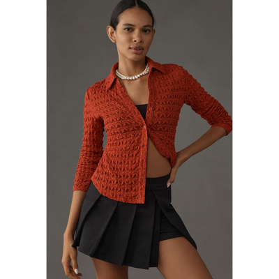 纽扣开衫修身褶皱衬衫