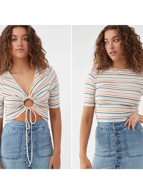 外贸原单O*Ne*ill Ki*tsy Mult*iWay 条纹T恤上衣 5分袖弹力修身t