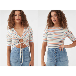 iWay ill 弹力修身 5分袖 条纹T恤上衣 Mult tsy 外贸原单O