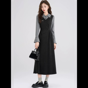 店长强推秋冬季新款大码胖mm假两件潮法式复古连衣裙显瘦女黑色