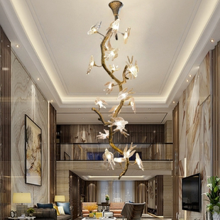 现代轻奢全铜复式楼梯灯创意小鸟奢华大气挑高中空别墅客厅大吊灯