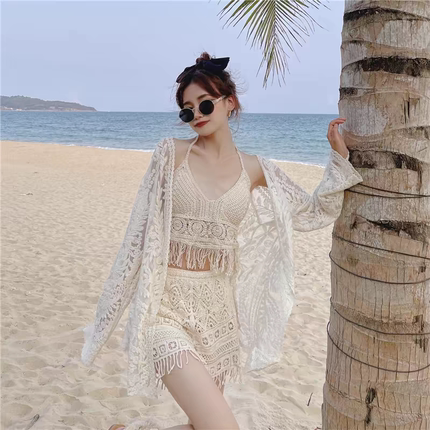 绝美泳衣女款2025新款纯欲性感比基尼分体遮肚显瘦三件套海边度假