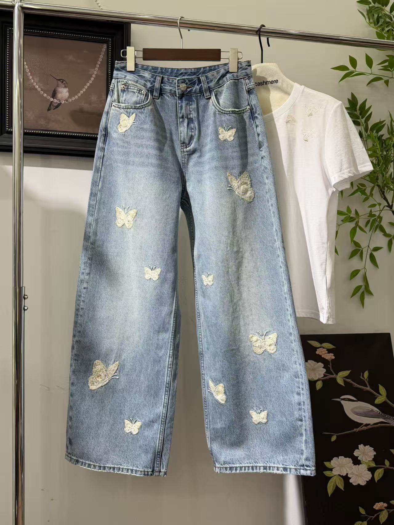 赫美高端2026早春新款高腰重工刺绣蝴蝶宽松显瘦休闲直筒阔腿裤女,女装/女士精品,牛仔裤,淘宝优惠券,粉丝福利购,淘宝优惠卷