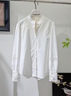 秀而高端2026早春新款袖口拼蕾丝小立领花边领单排扣简约衬衫女