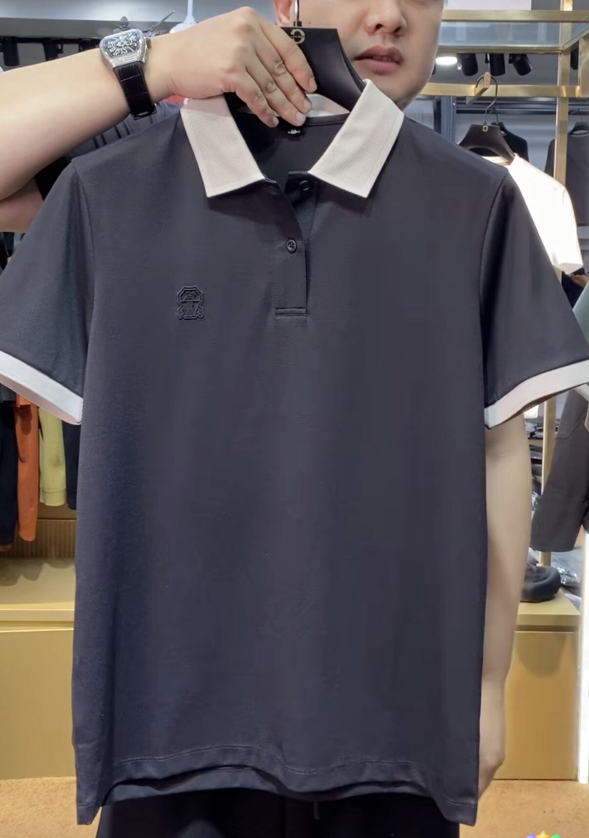 秀而高端2026早春新款男士撞色休闲时尚刺绣百搭翻领短袖T恤1618