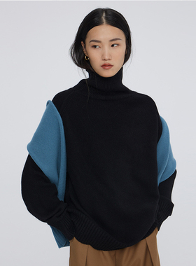 MEST秋冬季羊毛上衣女复古风宽松保暖黑色雾霾蓝慵懒高领针织毛衣