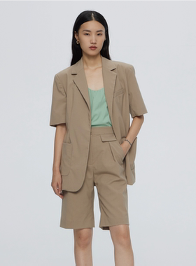 MEST2022春夏新品浅卡其短袖西装外套纯色通勤休闲显瘦直筒外套