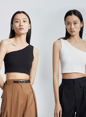 MESTLA 明星同款 重磅棉短款斜肩背心修身无袖通勤纯色黑白内搭女