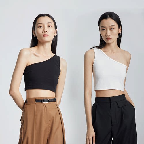 MESTLA春夏斜肩黑白棉质纯色背心