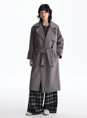 MESTLA复古时髦灰色风衣外套宽松休闲通勤高级感中长款双排扣大衣