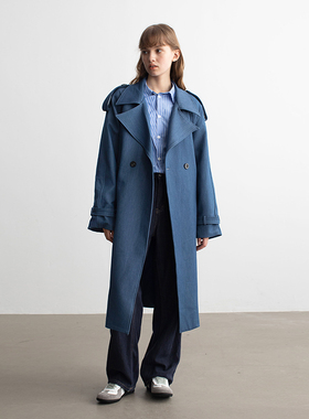 MESTLA春季时髦牛仔蓝中长款风衣宽松气质简约法式双排扣外套女