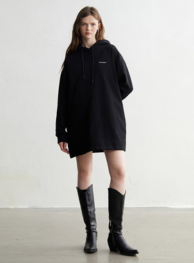 MESTLA 春季女装宽松简约显瘦中长款通勤风纯色长袖连帽卫衣裙 女