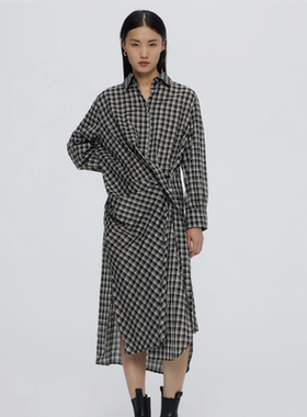 MEST夏季设计感小众黑白银边格纹衬衫裙薄款透气休闲款系带连衣裙