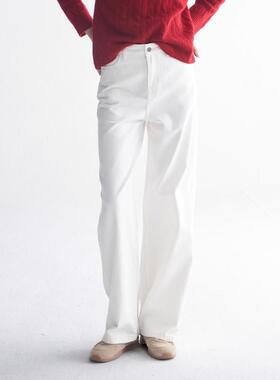 MESTLA常规简约高腰直筒白色牛仔裤宽松显瘦复古经典百搭纯棉长裤