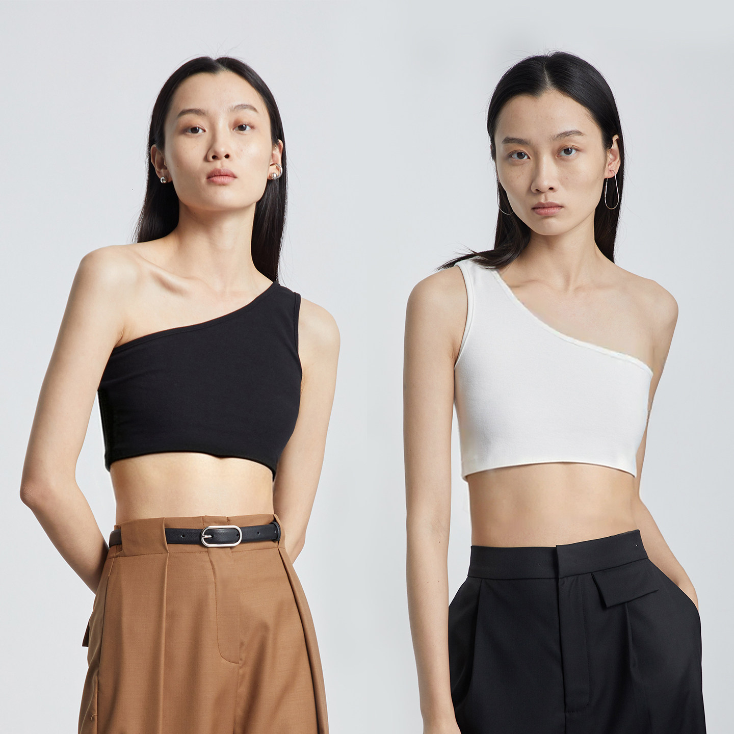MESTLA春夏斜肩黑白棉质纯色背心