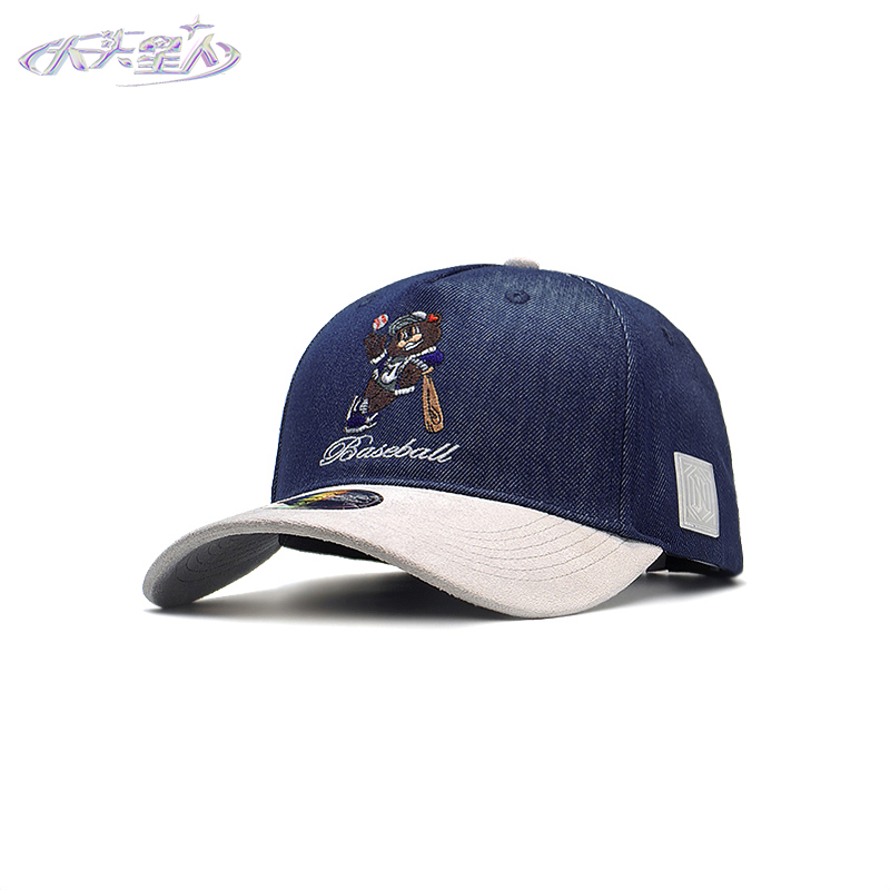 大头星人JOO棒球熊牛仔撞色加宽檐高硬顶棒球鸭舌帽加大码原创潮