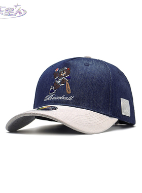 大头星人JOO棒球熊牛仔撞色加宽檐高硬顶棒球鸭舌帽加大码原创潮