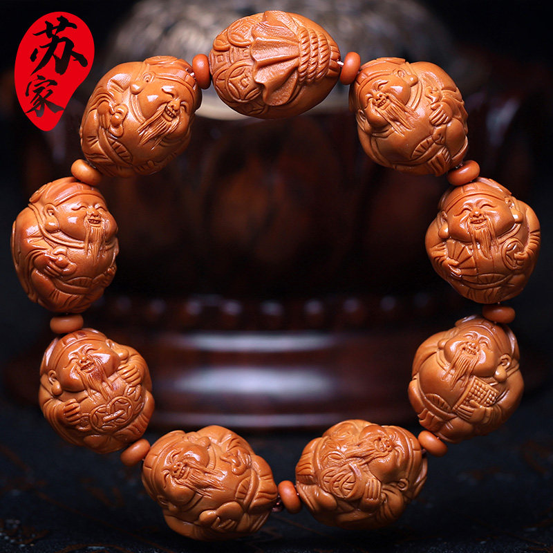 橄榄核手串八宝大财神手工橄榄核雕文玩把件八方来财橄榄胡手链男