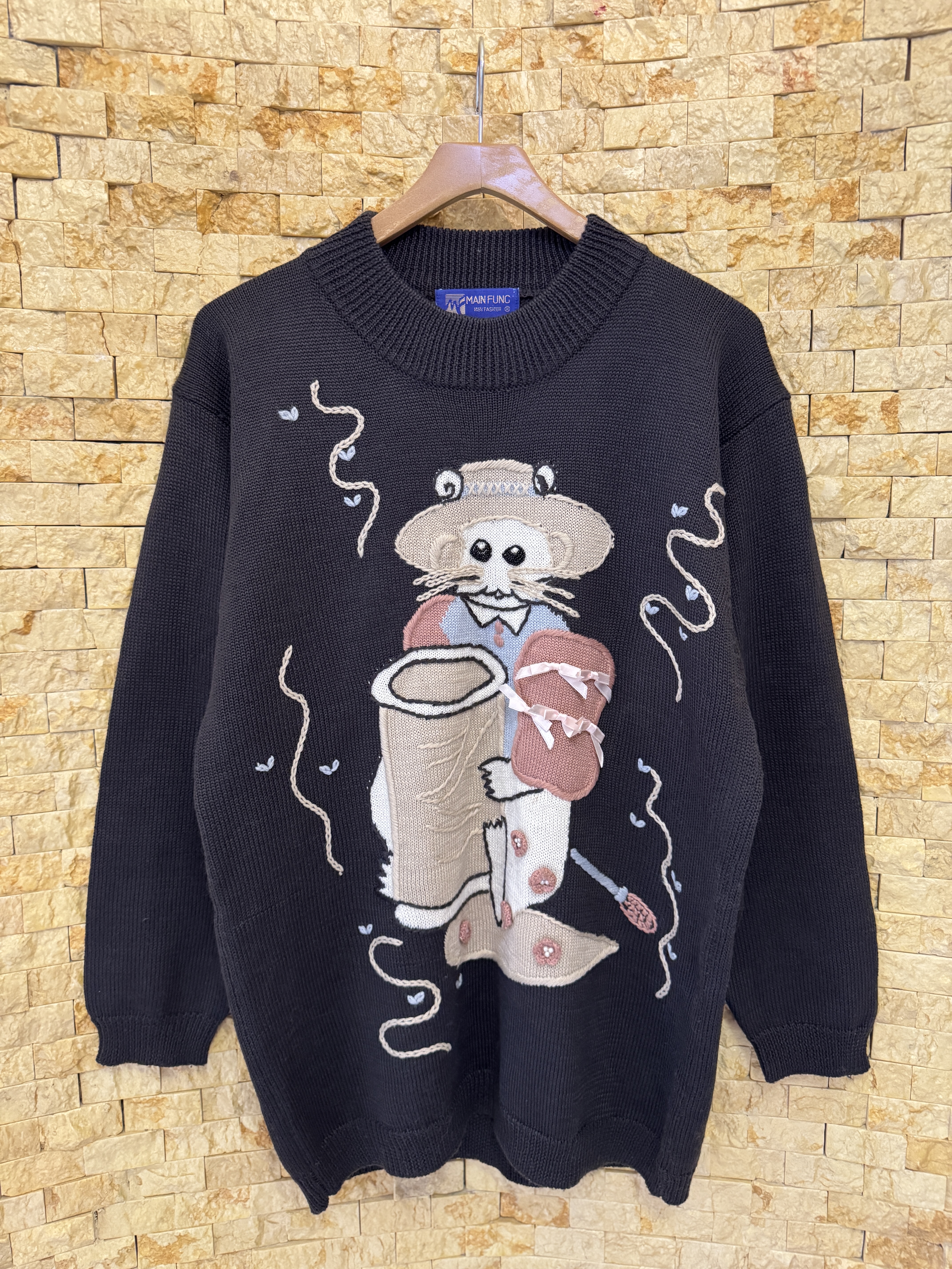 古着vintage孤品日系复古森系手工钩花贴布童趣刺绣学院宽松毛衣