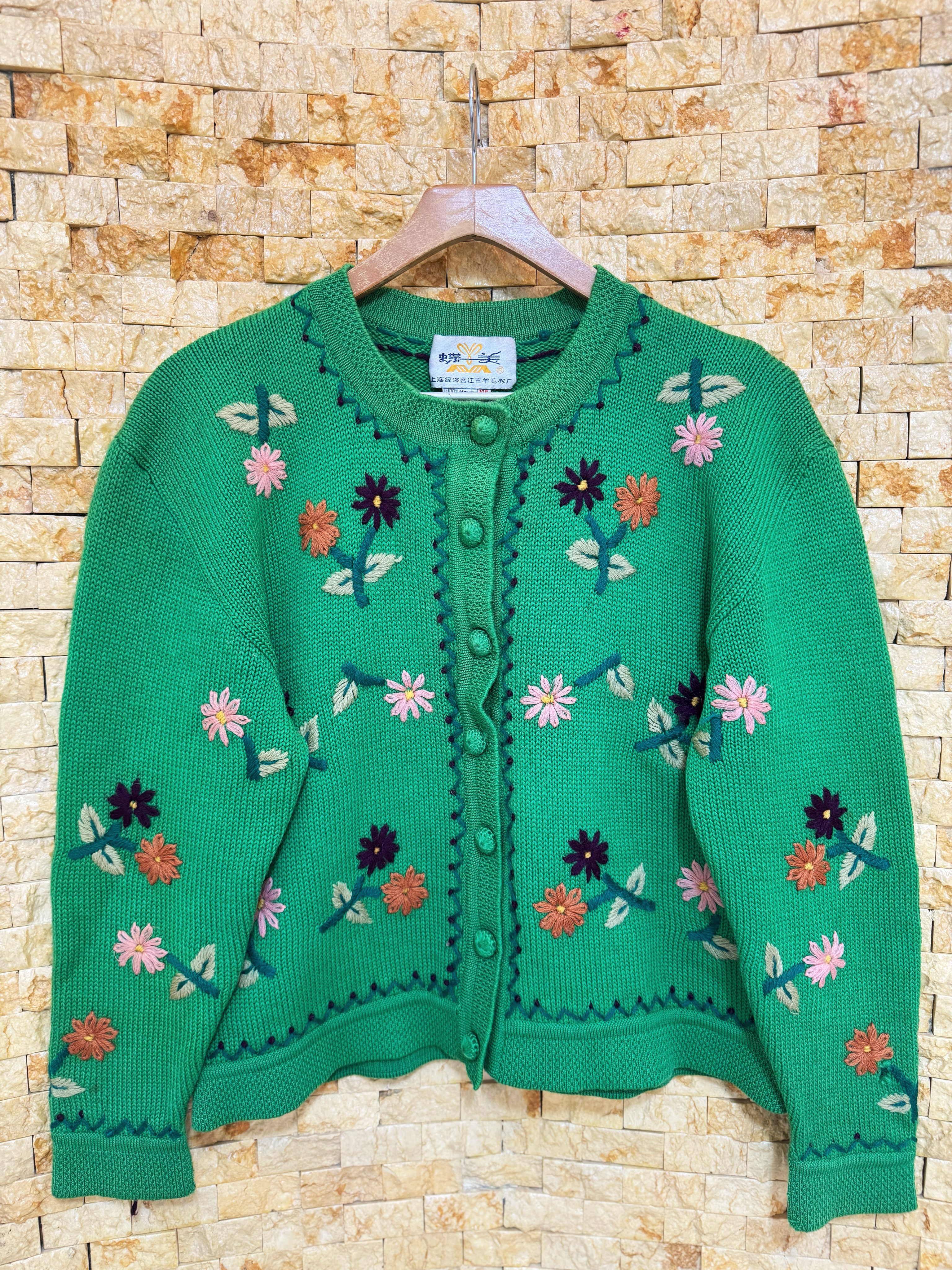 vintage古着孤品日系手工钩花羊毛森系立体花朵小清新毛衣开衫女