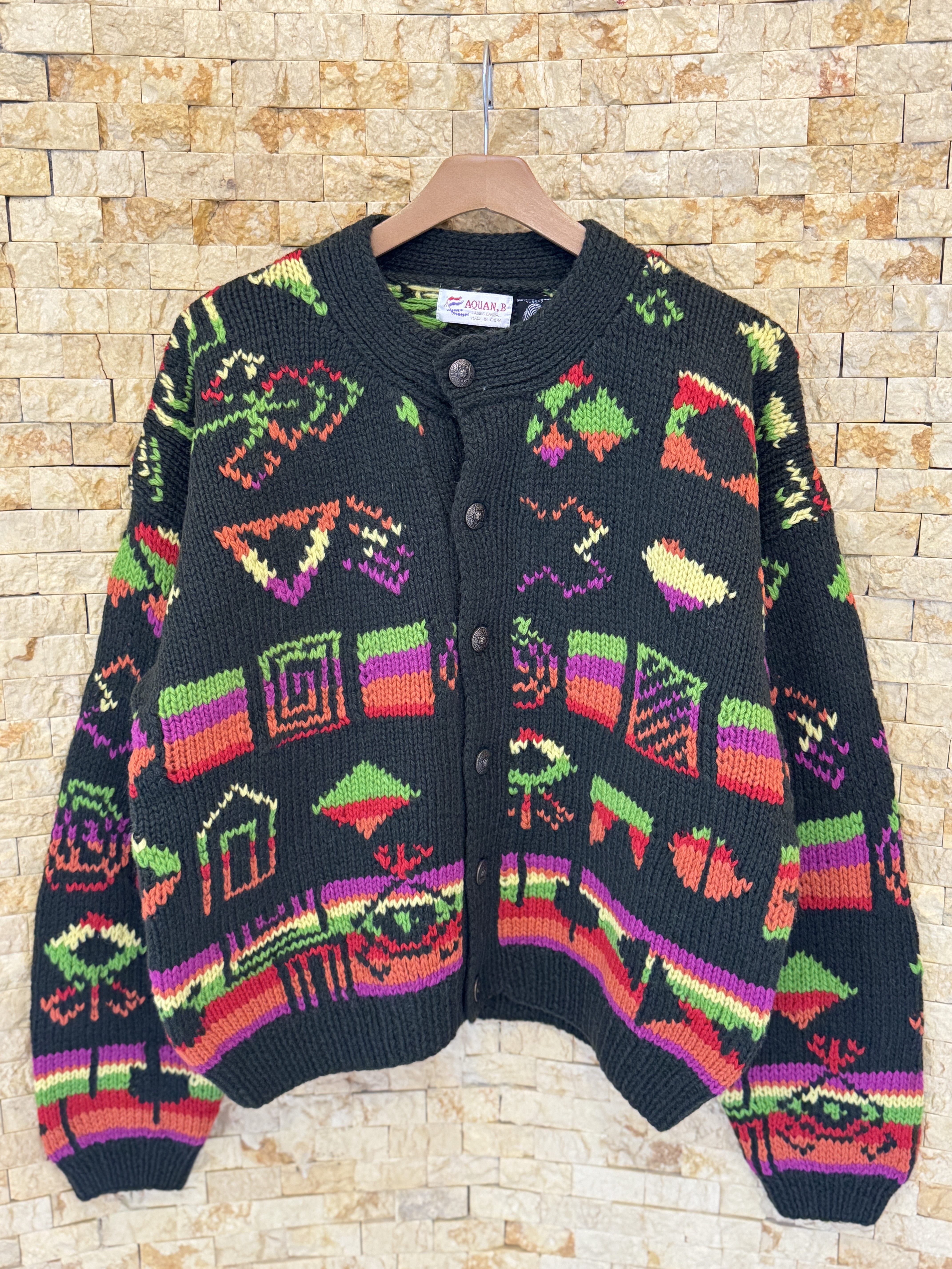 vintage古着孤品北欧粗线手工撞色花纹菱格圣诞波谱复古羊毛毛衣