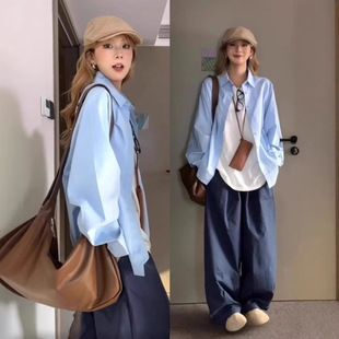 2026新款衬衫内搭叠穿高级感蓝色衬衣外套女春夏季慵懒风长袖上衣