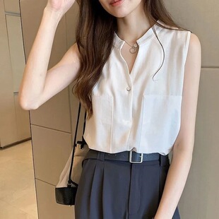 背心无袖衬衣女夏季新款百搭上衣洋气衬衫韩版t恤外穿宽松雪纺衫