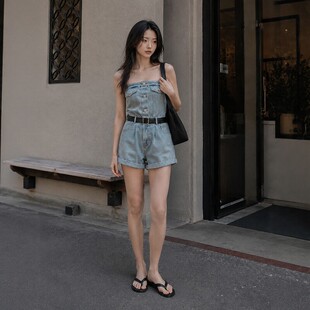 美式复古辣妹牛仔连体裤女士夏季薄款显瘦高腰设计感小众工装短裤