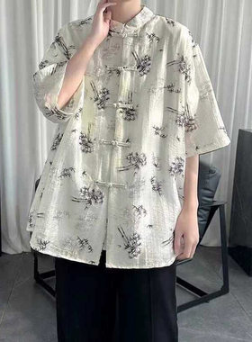 新中式立领盘扣短袖衬衫男夏季薄款透气水墨画印花宽松唐装衬衣