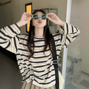 2026早春新款条纹长袖T恤女韩版宽松显瘦圆领学生休闲上衣