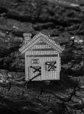 个性潮流小众房子造型闪亮戒指潮牌男士铜镶锆石嘻哈hiphop指环