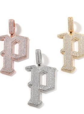 欧美新款铜镶锆石大号字母P吊坠大写字母潮流嘻哈项坠hiphop饰品