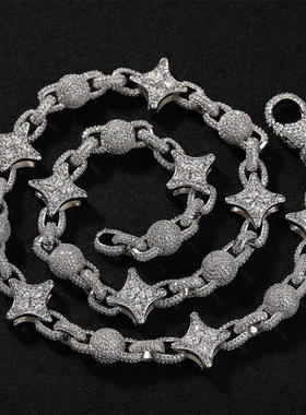 欧美嘻哈四角星珠珠链轻奢小众锁骨链铜镶5A锆石时尚潮流男士项链