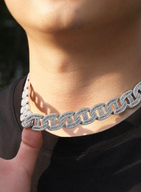 欧美新款微镶锆石嘻哈项链个性重工满钻盒子扣高品质男士潮流链子