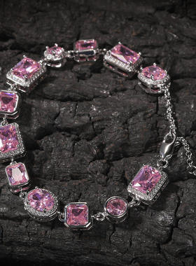 新款气质轻奢几何型铜镶锆石粉色宝石手链简约甜美手链靓女潮饰品