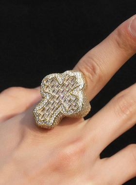 十字架T方锆石嘻哈男戒指