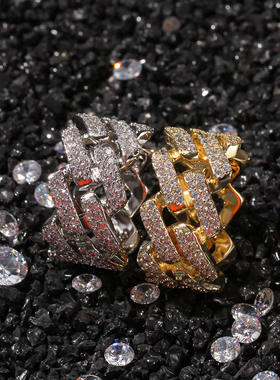 欧美ins女士镶锆石指环镀金2排钻嘻哈古巴男士戒指街头hiphop配饰