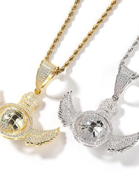 旋转地球仪天使翅膀铜镶锆石项链