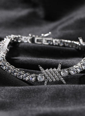 嘻哈饰品插扣款14mm铁丝荆棘搭4mm网球项链铜镶锆石百搭男女手链