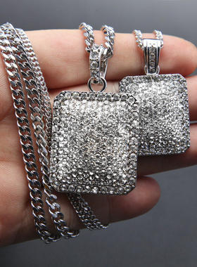 欧美男士嘻哈项链大号blingbling水钻吊坠小号重工满钻军牌挂坠