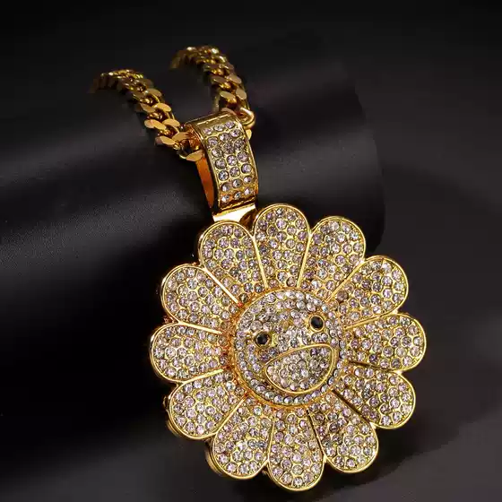 Hip-Hop Rotatable Sunflower Diamond Pendant Necklace Men's New Accessories Takashii Flower Hiphop Jewelry