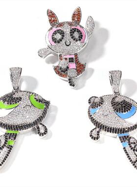 欧美动漫卡通飞天小女警同款吊坠铜镶彩色锆石嘻哈个性潮男女项链