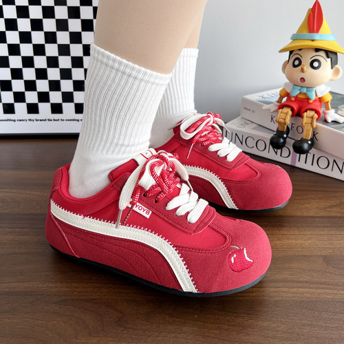 加绒德训鞋女款红色鞋子女鞋冬季 新款增高棉鞋休闲保暖板鞋复古