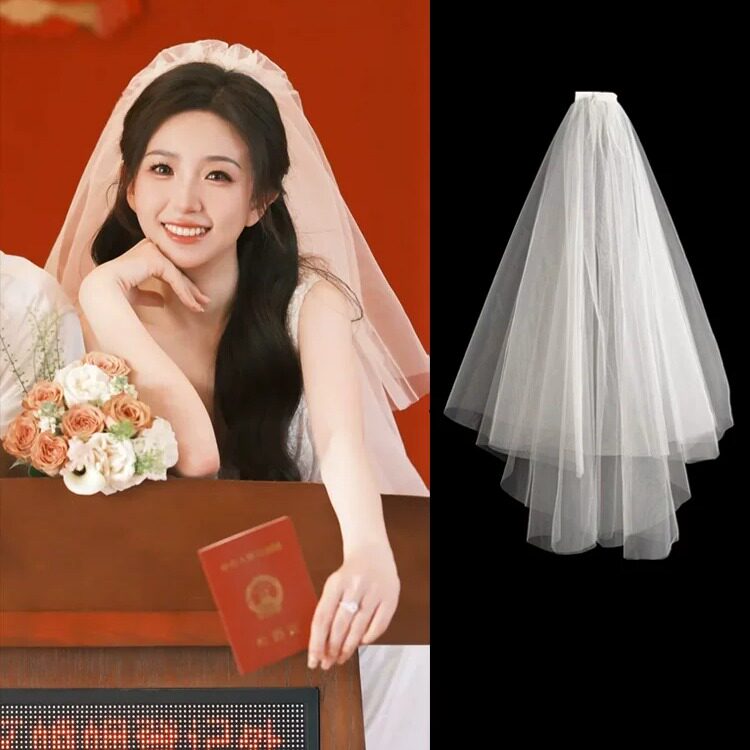 头纱领证白超仙求婚头纱新娘结婚主婚纱蝴蝶结头饰简约法式小头纱