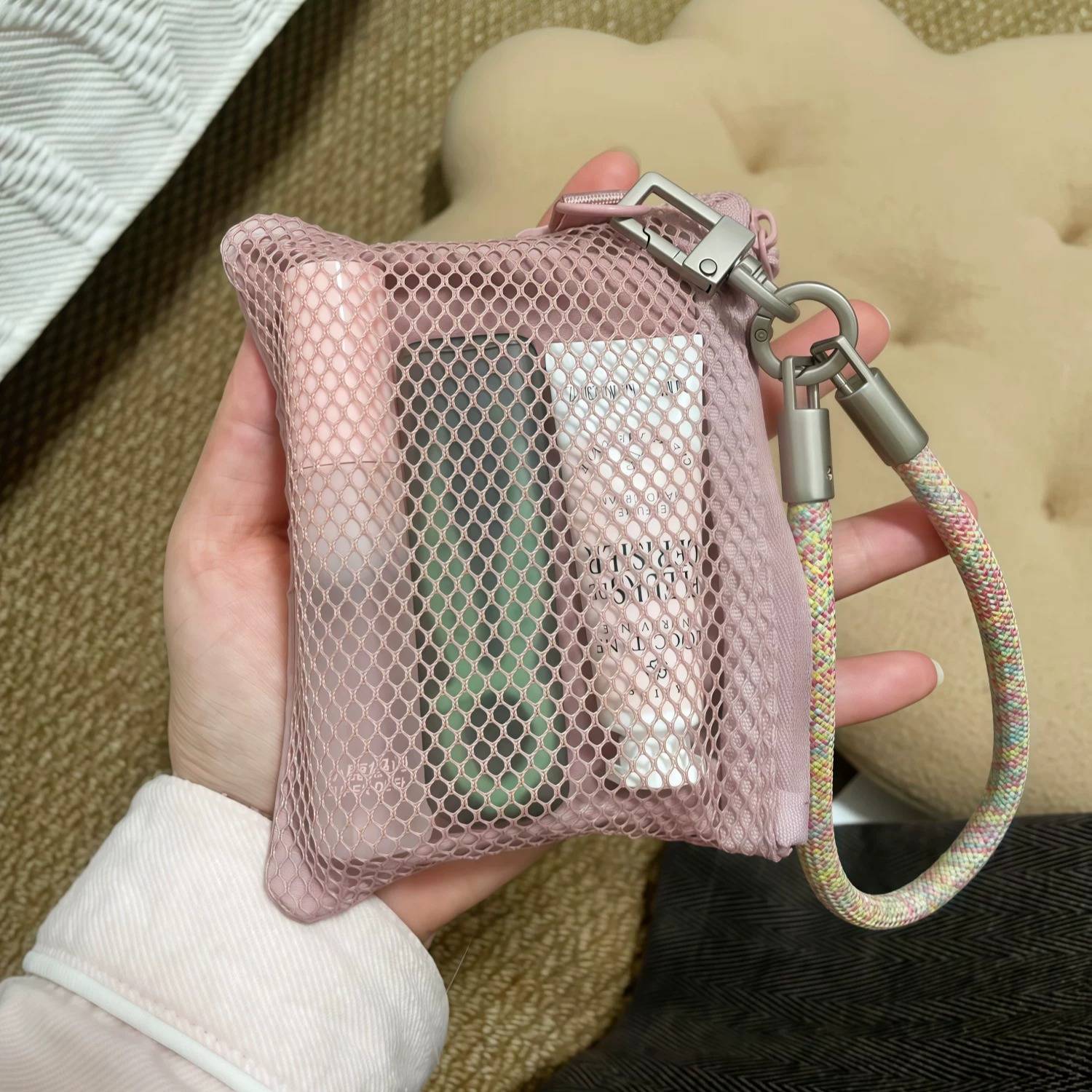 迷你化妆包手提便携杂物包彩妆网格收纳包口红包上班外出小零钱袋