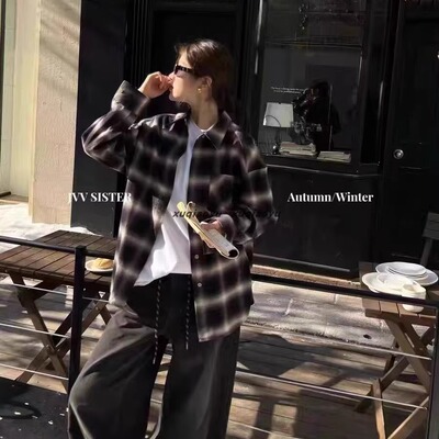 宽松复古排扣长袖纯棉格子衬衫