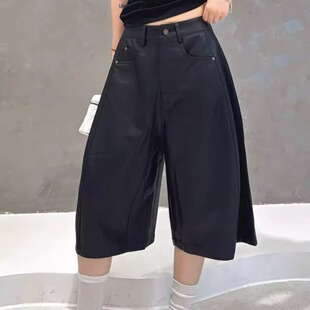 子 女早秋宽松百搭休闲中裤 JVVSISTER美式 高级感七分阔腿直筒皮裤