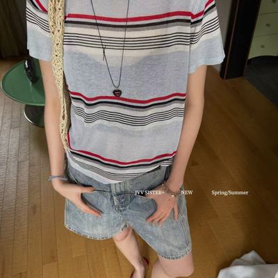 JVVSISTER蕾丝夏季薄料撞色条纹针织长袖T恤重工花边拼接防晒上衣